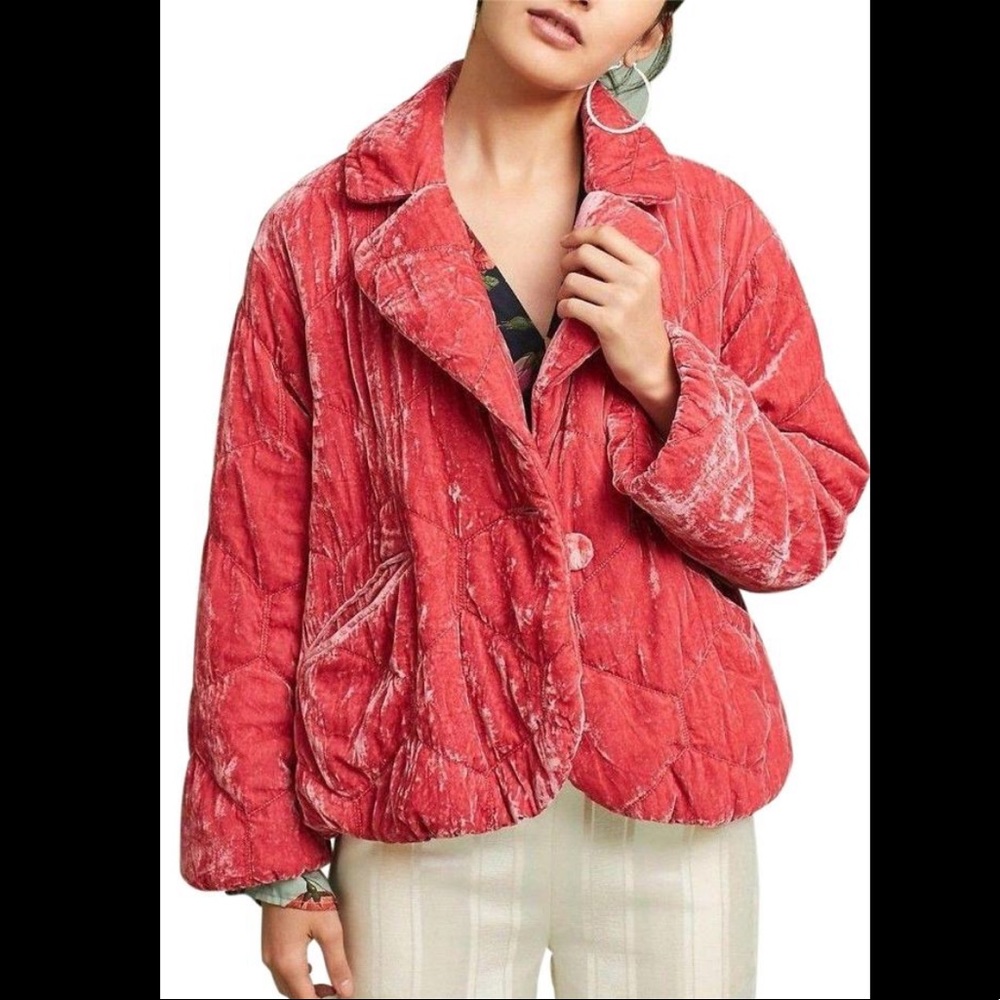 Anthropologie Pink Quilted Velvet Puffer Coat